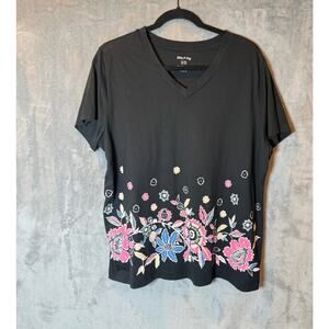 White Stag Floral Top Womens XL 16-18 Black V Neck Short Sleeve Shirt